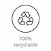 Black recycle symbol with text '100% recyclable' on white background