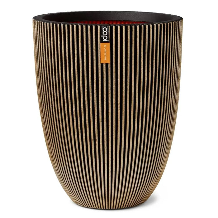 Elegant black and gold groove vase with vertical stripes and Capi Europe label