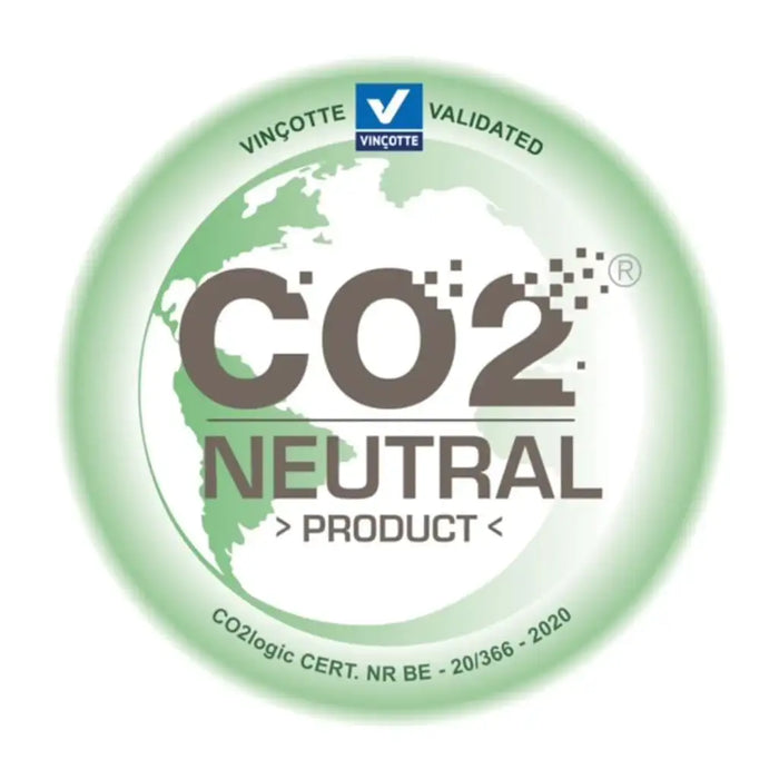 CO2 neutral product certification badge with green earth graphic and Vinçotte validation