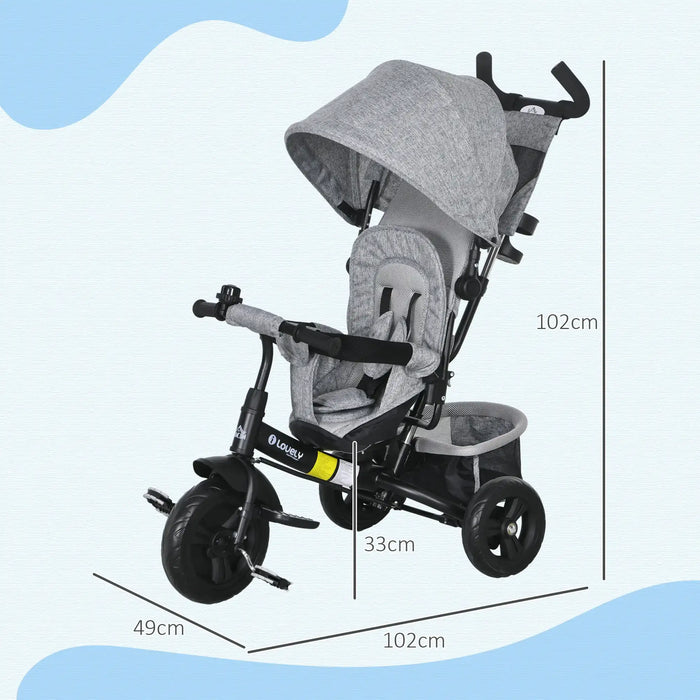 Gray baby stroller with dimensions on a white background