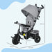 Gray baby stroller with dimensions on a white background
