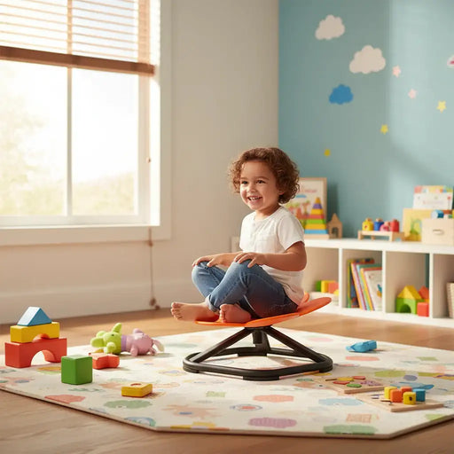 Orange flower-shaped seat with black metal frame in a plush playroom