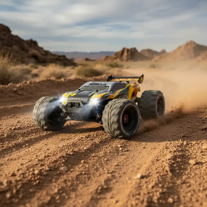 Remote control car with a remote and batteries on a white background