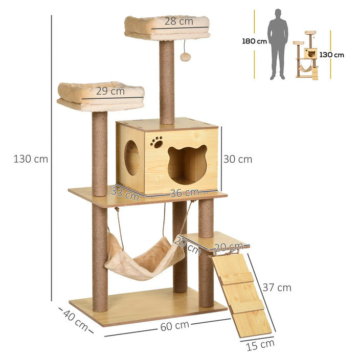 Wooden cat tree with hammock, two cushioned platforms, climbing ramp, and cat-shaped house with paw prints
