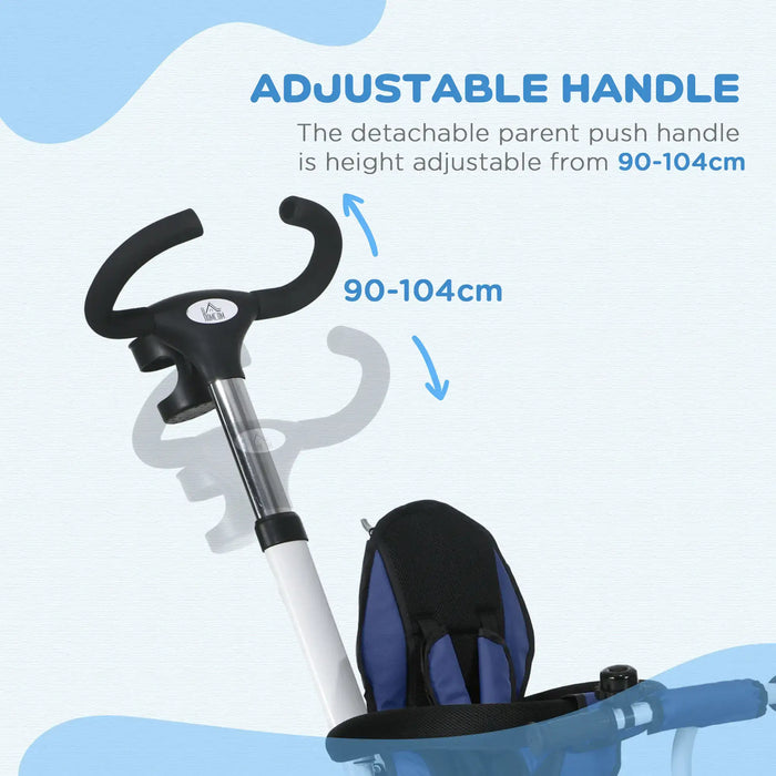 Adjustable handle of a stroller with height range text on a blue background