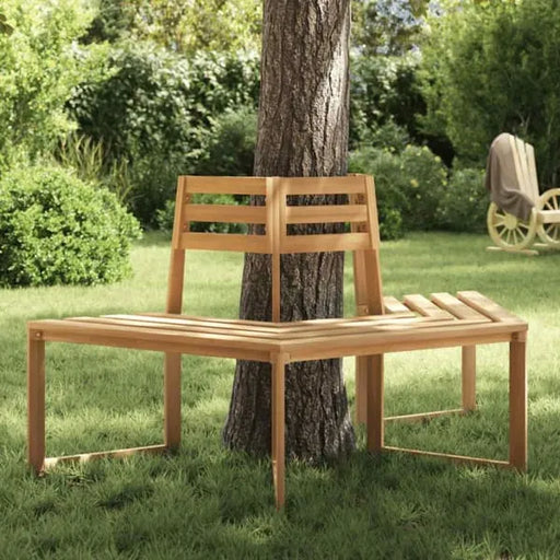 Half hexagonal wooden tree bench with oil finish in a garden setting, wrap-around design