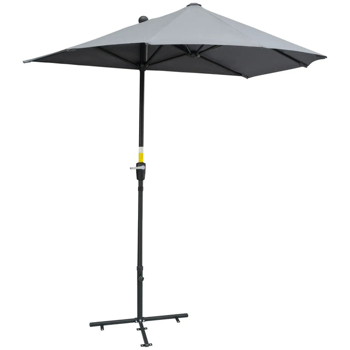 Gray patio umbrella with a black stand on a white background