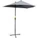 Gray patio umbrella with a black stand on a white background