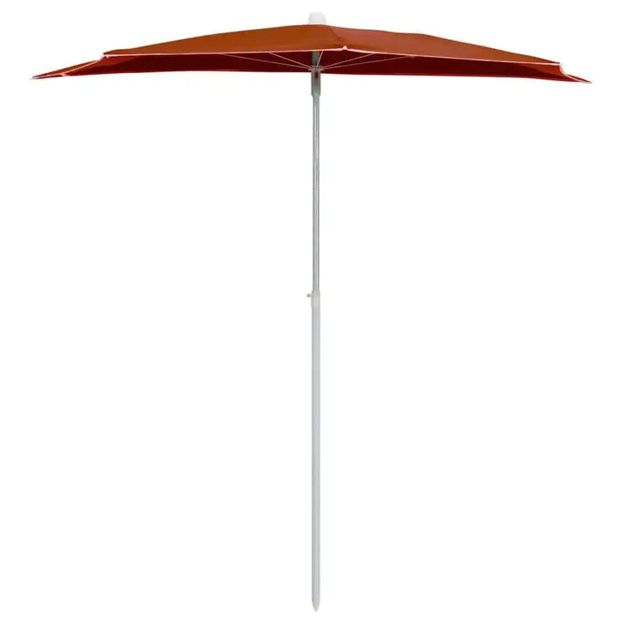 Half round terracotta garden parasol with compact, space-saving design and silver pole