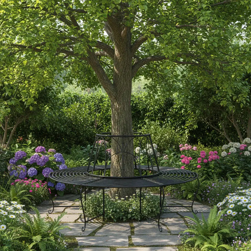 Black metal half-round tree bench set of 2 in lush garden with flowers and greenery