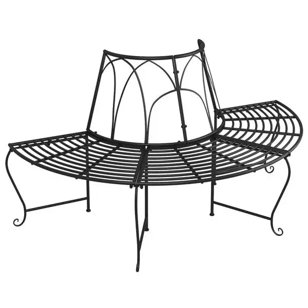 Black metal half-round wrap-around outdoor tree bench with decorative backrest, set of 2