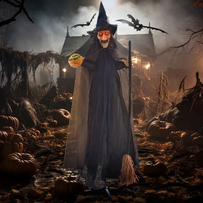 Halloween Decoration Witch with Broomstick - Animatronic with Sound Activation - Little and Giant Explorers HOMCOM