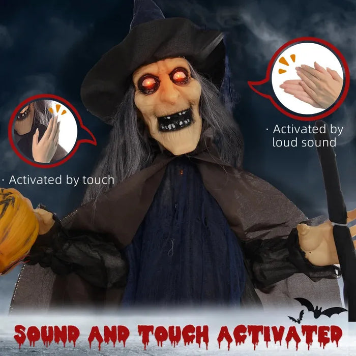 Halloween Decoration Witch with Broomstick - Animatronic with Sound Activation - Little and Giant Explorers HOMCOM