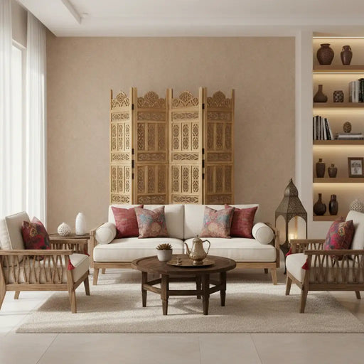 Elegant living room with beige sofa set, red patterned cushions, carved wooden room divider, and round wooden coffee table