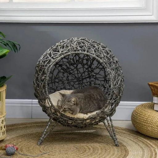 Tabby cat lounging in a hand-woven rattan cat house with tripod legs on a round rug