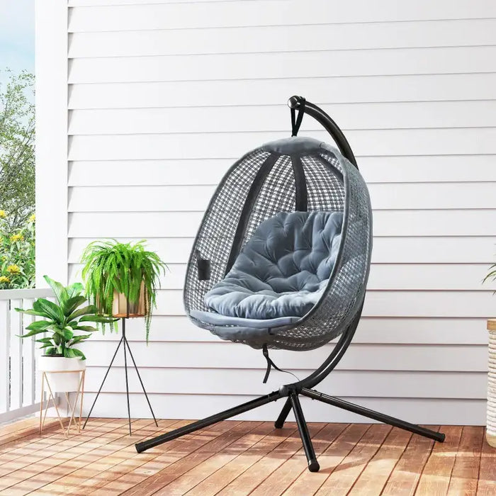 Hanging Egg Chair with Stand – Dark Grey and Black | Foldable Basket and Cup Holder OUTSUNNY - Little and Giant Explorers Outsunny