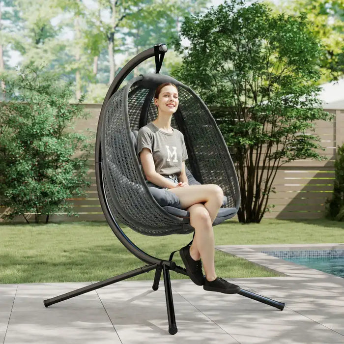 Hanging Egg Chair with Stand – Dark Grey and Black | Foldable Basket and Cup Holder OUTSUNNY - Little and Giant Explorers Outsunny