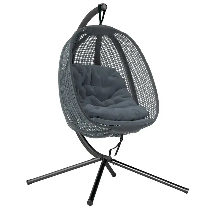 Hanging Egg Chair with Stand – Dark Grey and Black | Foldable Basket and Cup Holder OUTSUNNY - Little and Giant Explorers Outsunny