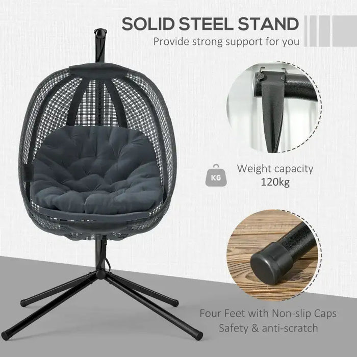 Hanging Egg Chair with Stand – Dark Grey and Black | Foldable Basket and Cup Holder OUTSUNNY - Little and Giant Explorers Outsunny