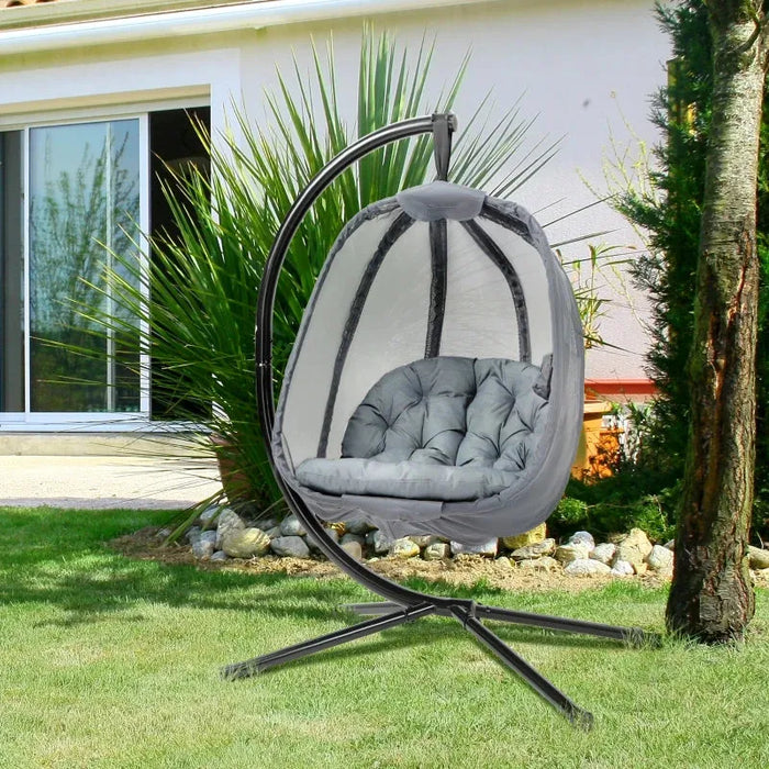 Hanging Egg Swing Chair with Stand – Black and Grey | Folding Basket, Cushion and Pocket OUTSUNNY - Little and Giant Explorers Outsunny