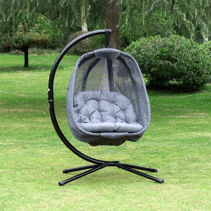 Hanging Egg Swing Chair with Stand – Black and Grey | Folding Basket, Cushion and Pocket OUTSUNNY - Little and Giant Explorers Outsunny