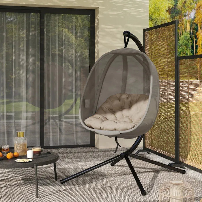Hanging Egg Swing Chair with Stand – Khaki | Folding Basket, Cushion and Safety Tether OUTSUNNY - Little and Giant Explorers Outsunny