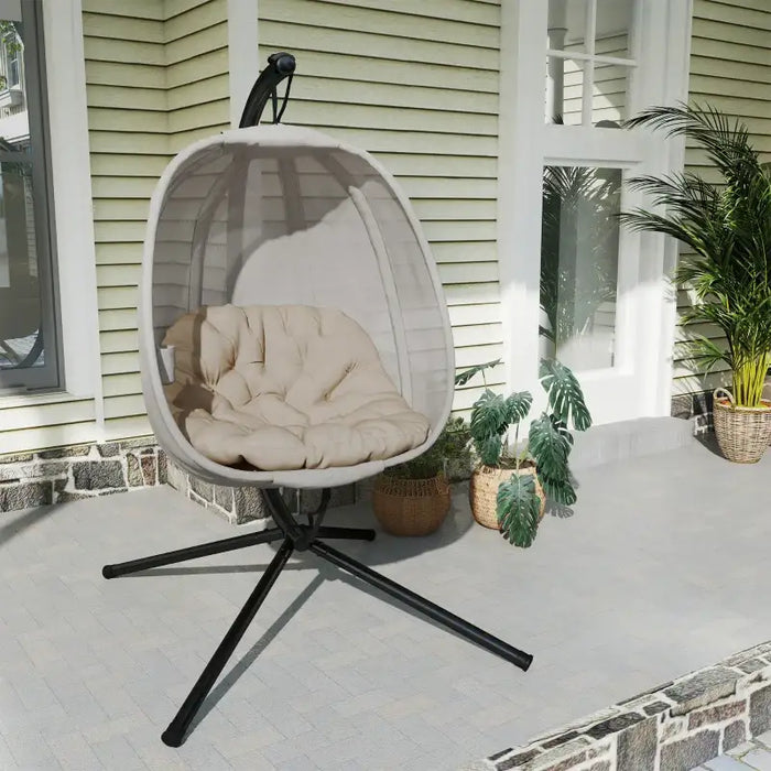 Hanging Egg Swing Chair with Stand – Khaki | Folding Basket, Cushion and Safety Tether OUTSUNNY - Little and Giant Explorers Outsunny