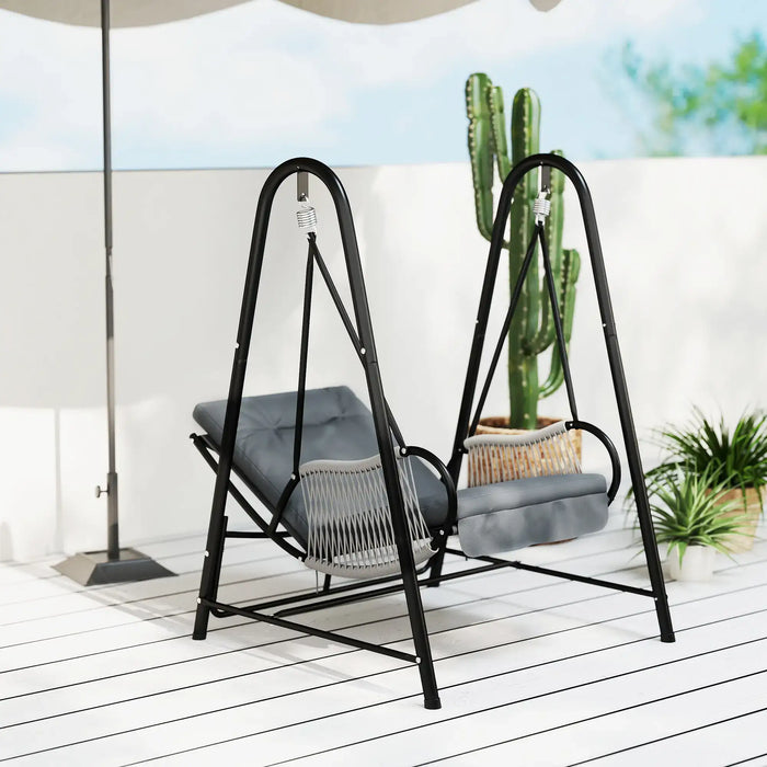 Rattan Hanging Swing Seat with Stand and Seat Cushion in Light Grey - Little and Giant Explorers Outsunny