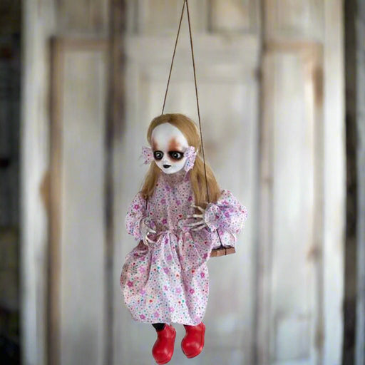 Hanging Halloween Decoration - Psychopath Girl on Swing with Movement, Light and Sounds - Little and Giant Explorers