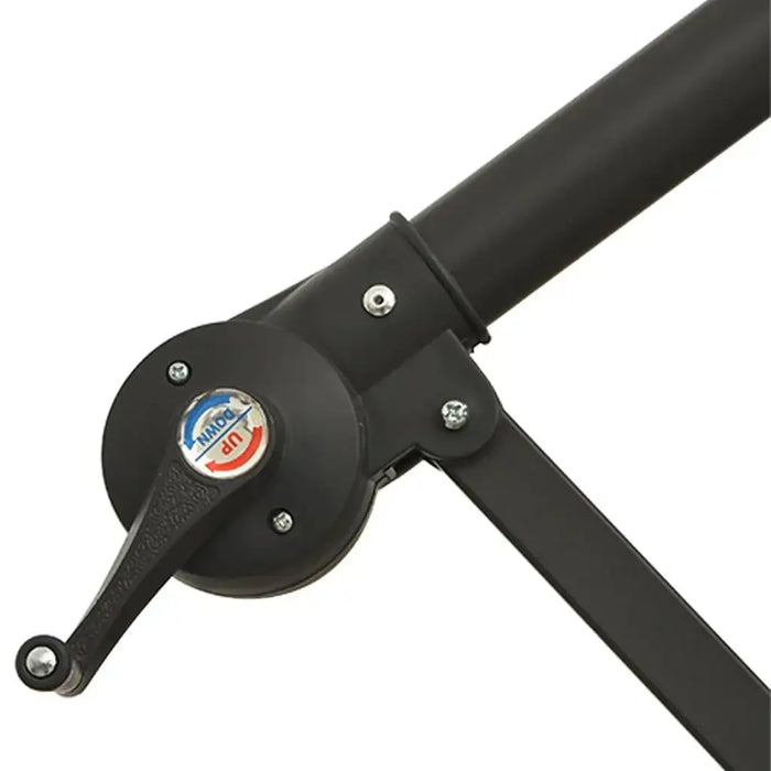 Close-up of black hanging parasol crank handle and tilt mechanism