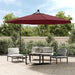 Bordeaux red hanging parasol with LED lights over modern outdoor patio furniture