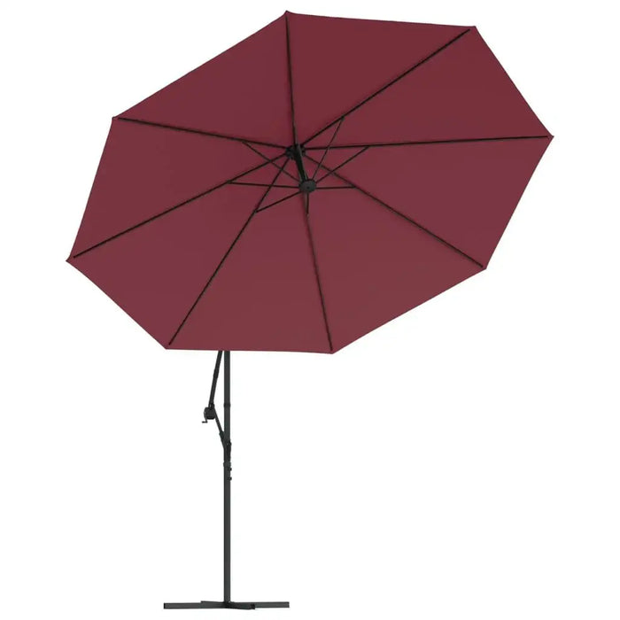Hanging parasol with Bordeaux red canopy on black tilt stand, outdoor patio umbrella