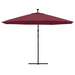 Bordeaux red hanging parasol with tilt function on a black stand, isolated on white