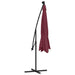Bordeaux red hanging parasol with black stand, closed and upright on white background