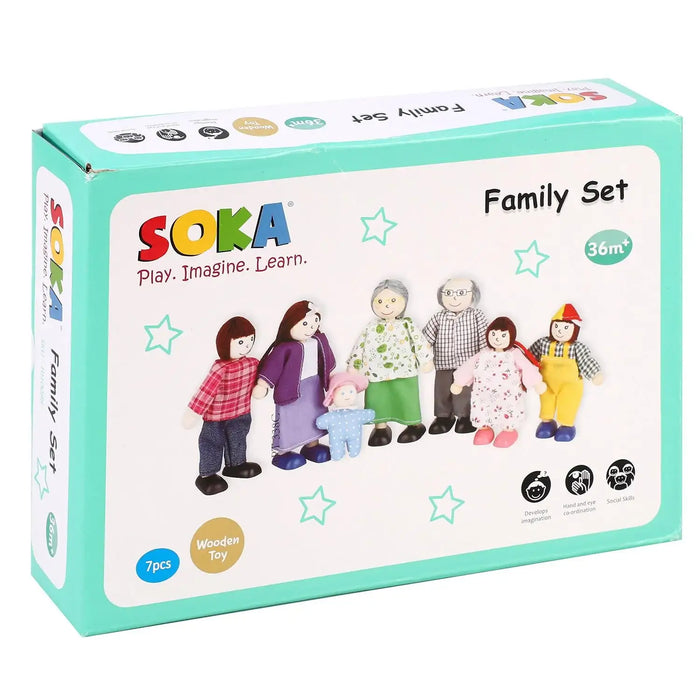 Happy Family Dolls House Figures – 7-Piece Set with Flexible Arms | Colourful Pretend Play SOKA® - Little and Giant Explorers SOKA Play Imagine Learn