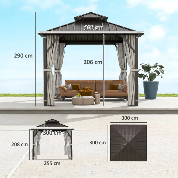 Hardtop Pavilion Gazebo Canopy with Double Metal Roof 3 x 3(m) - Little and Giant Explorers Outsunny