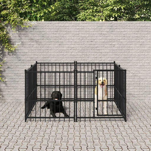 Heavy-duty black dog kennel with two dogs, secure lockable door, outdoor stone patio.