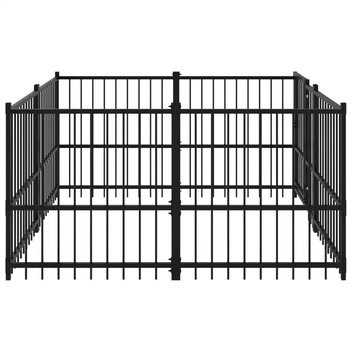 Heavy-duty black metal dog kennel with secure lockable door and sturdy bars