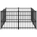 Heavy-duty black metal dog kennel with secure lockable door and sturdy bars