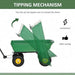 Green heavy-duty garden dump cart with tipping mechanism and black wheels, labeled as convenient and labor-saving.
