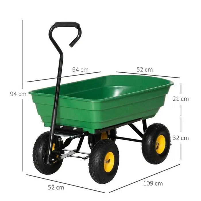 Green heavy-duty garden dump cart with black handle, yellow wheels, and dimension labels