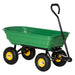 Heavy-duty green garden dump cart with four wheels and black handle on white background