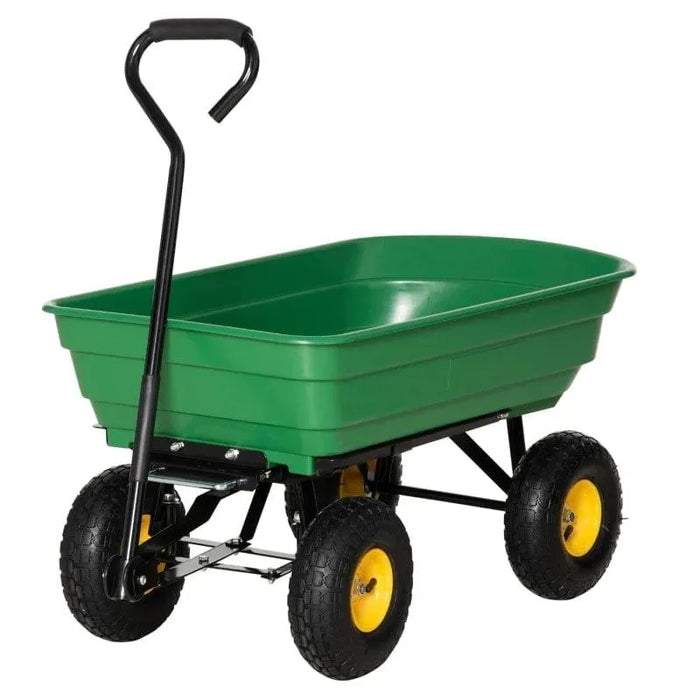 Green heavy-duty garden dump cart with black handle and four yellow-rimmed wheels