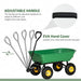 Green heavy-duty garden dump cart with adjustable handle and EVA hand cover, yellow wheels