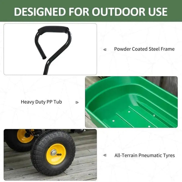 Heavy duty garden dump cart with steel frame, green PP tub, and all-terrain pneumatic tyres