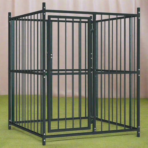 Black steel heavy-duty outdoor dog kennel with door on green floor