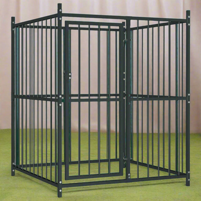 Black steel heavy-duty outdoor dog kennel with door on green floor