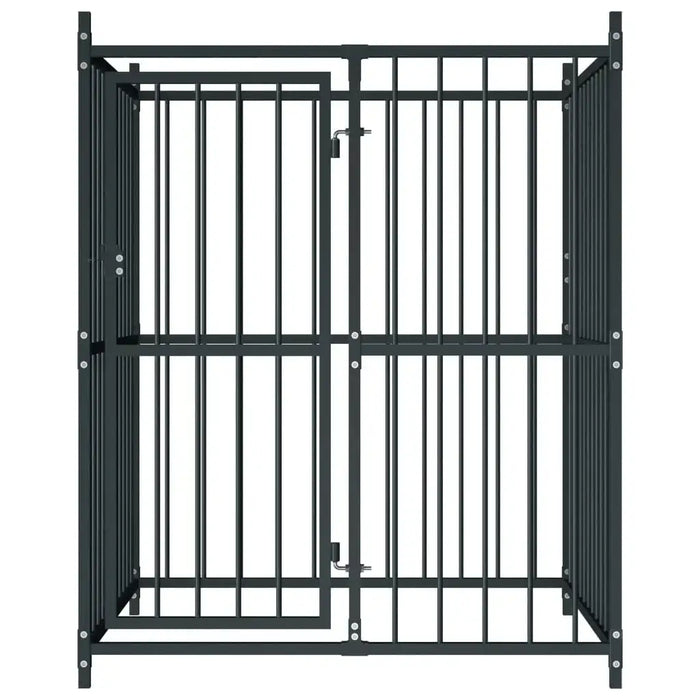 Heavy-duty black steel outdoor dog kennel with secure locking door