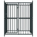 Heavy-duty black steel outdoor dog kennel with secure locking door