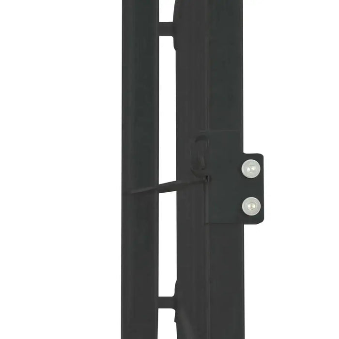Close-up of black steel latch on heavy-duty outdoor dog kennel panel